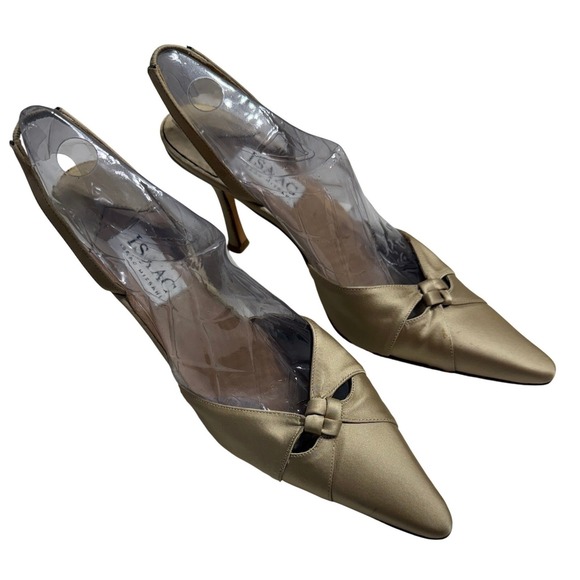 Isaac Mizrahi Shoes - Isaac Mizrahi Slingback Heels Womens 8.5 B Gold Satin Pointed Toe Italy EUC LUX
